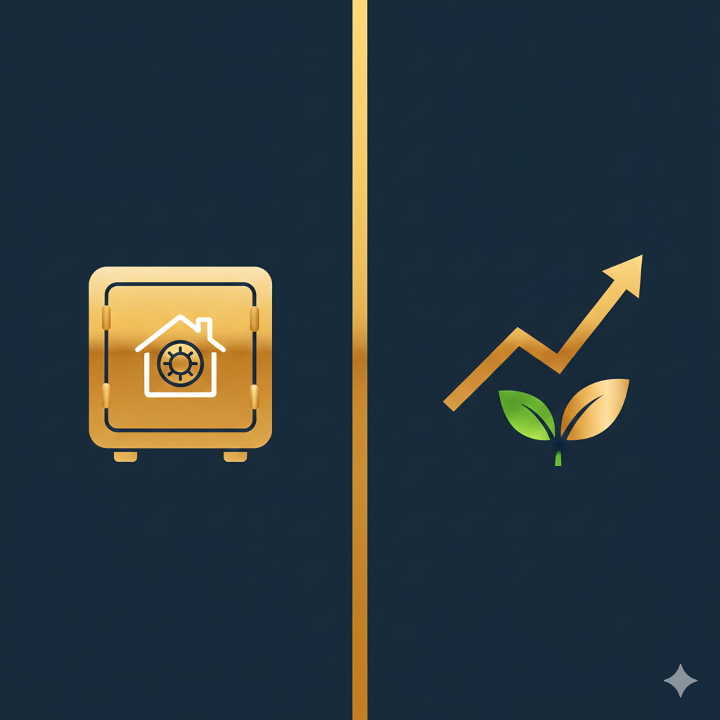 Split-screen graphic in navy and gold comparing a house locked in a safe labeled 'Trapped Capital' with a rising gold graph and growing plant labeled 'Compounding Growth'.