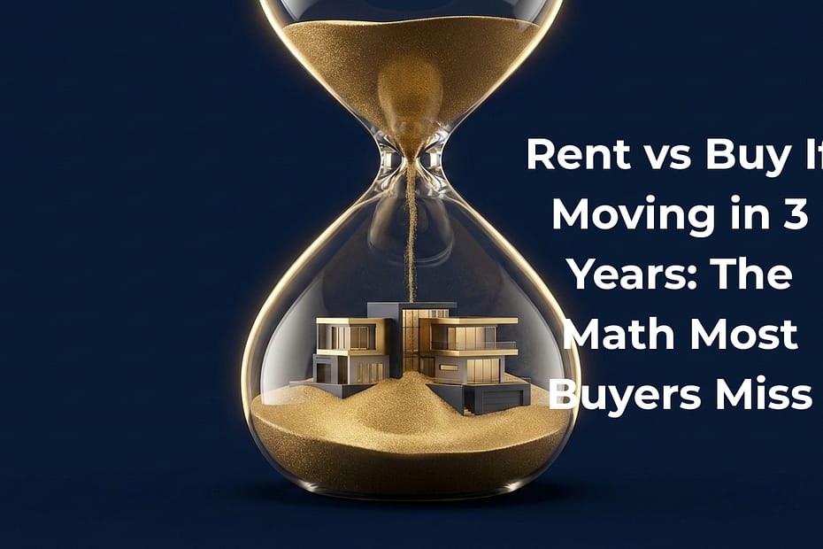 Rent vs Buy If Moving in 3 Years. Conceptual 3D render of a modern house inside a glass hourglass with falling gold sand against a navy blue background, symbolizing the time-sensitive risk of a short-term home purchase.